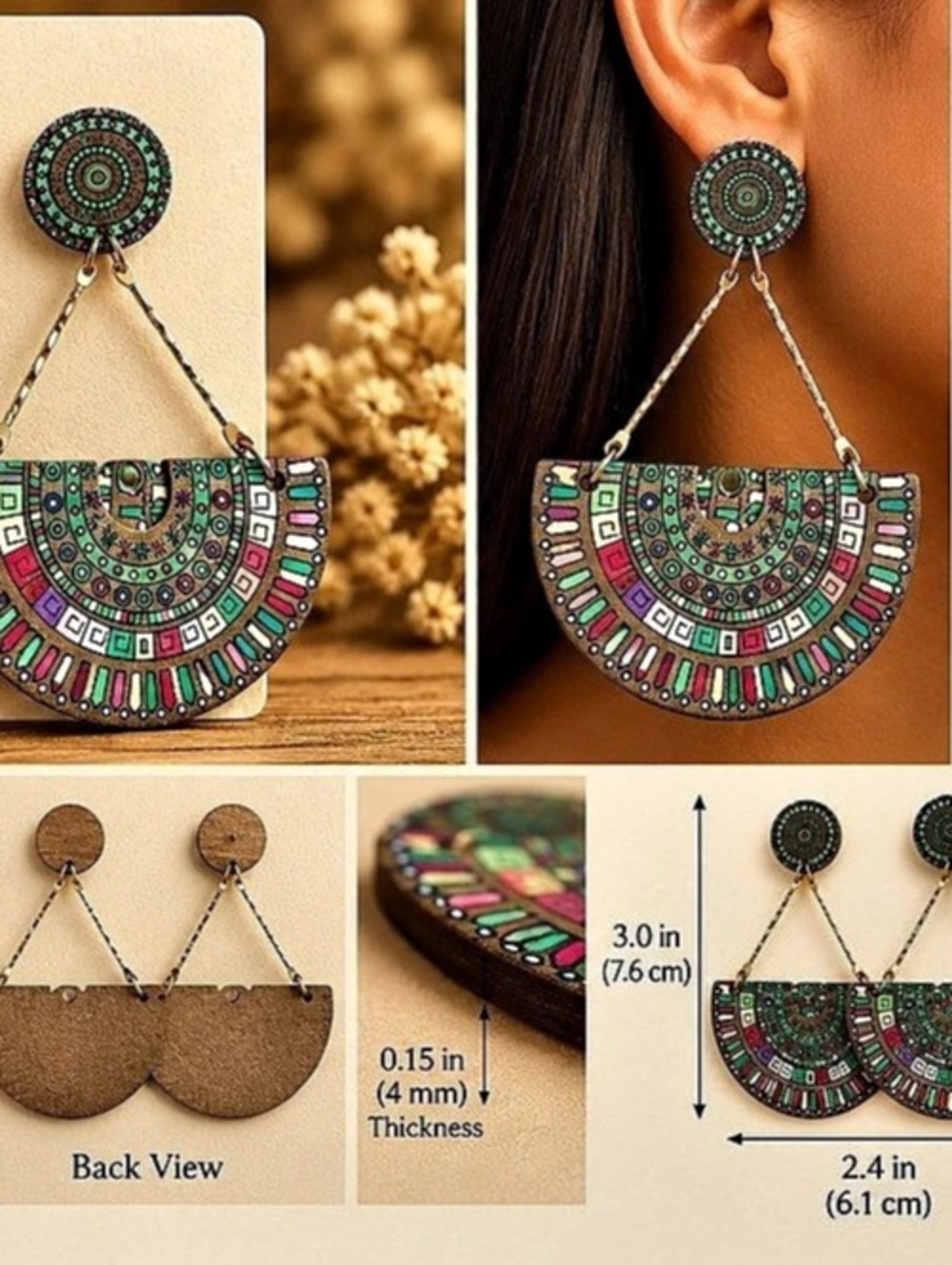 Multicolor Geometric wooden Drop Earrings